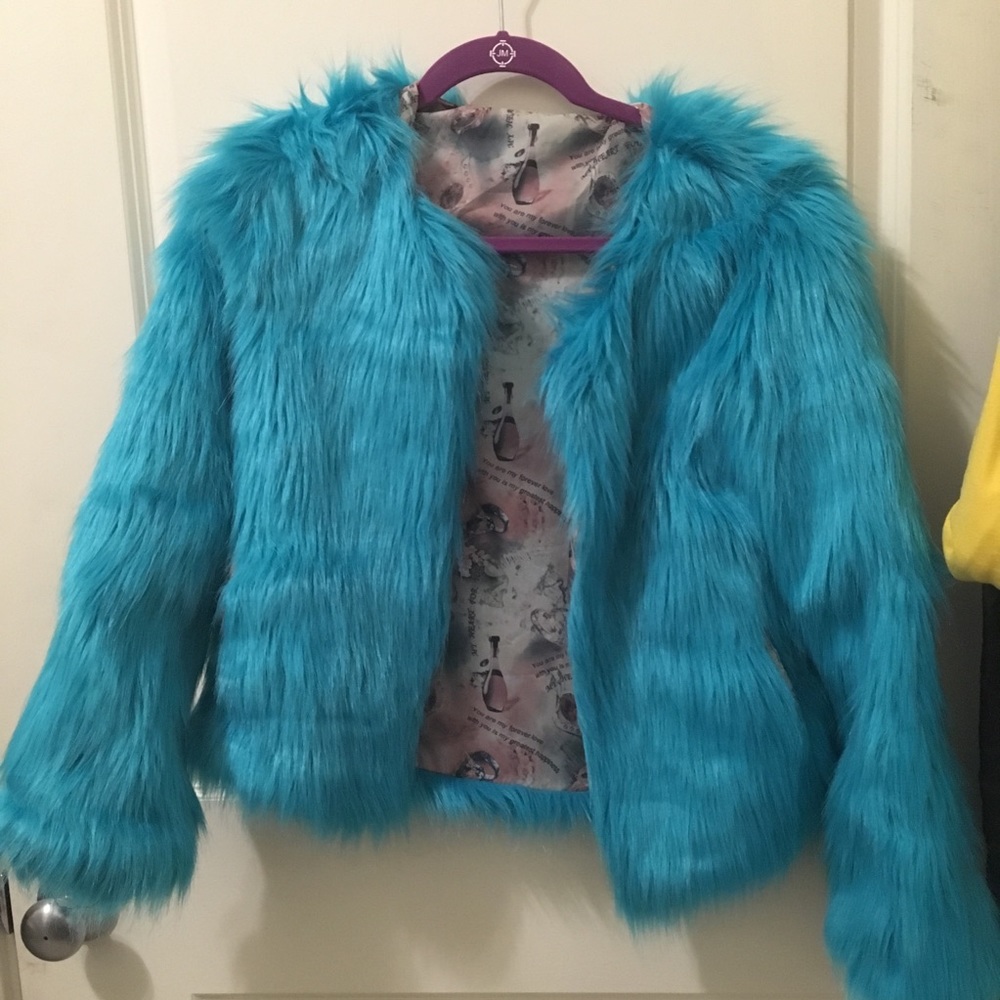 Bright blue faux fur jacket - Picture 1 of 4